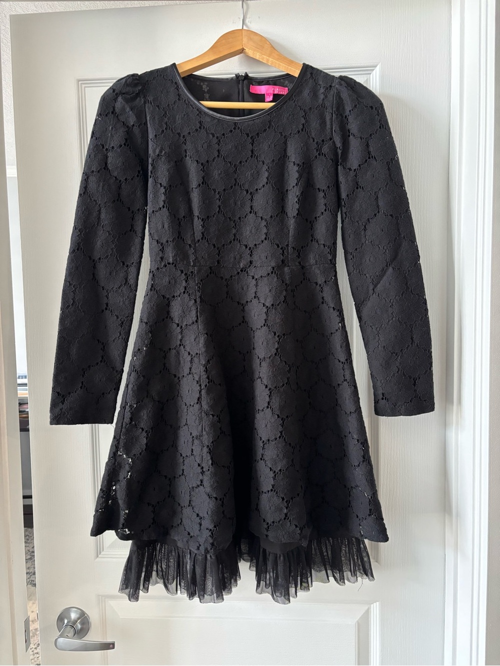 Womens Small Plastic Island Black Lace Twirl Dress with Tulle Hem Long Sleeve